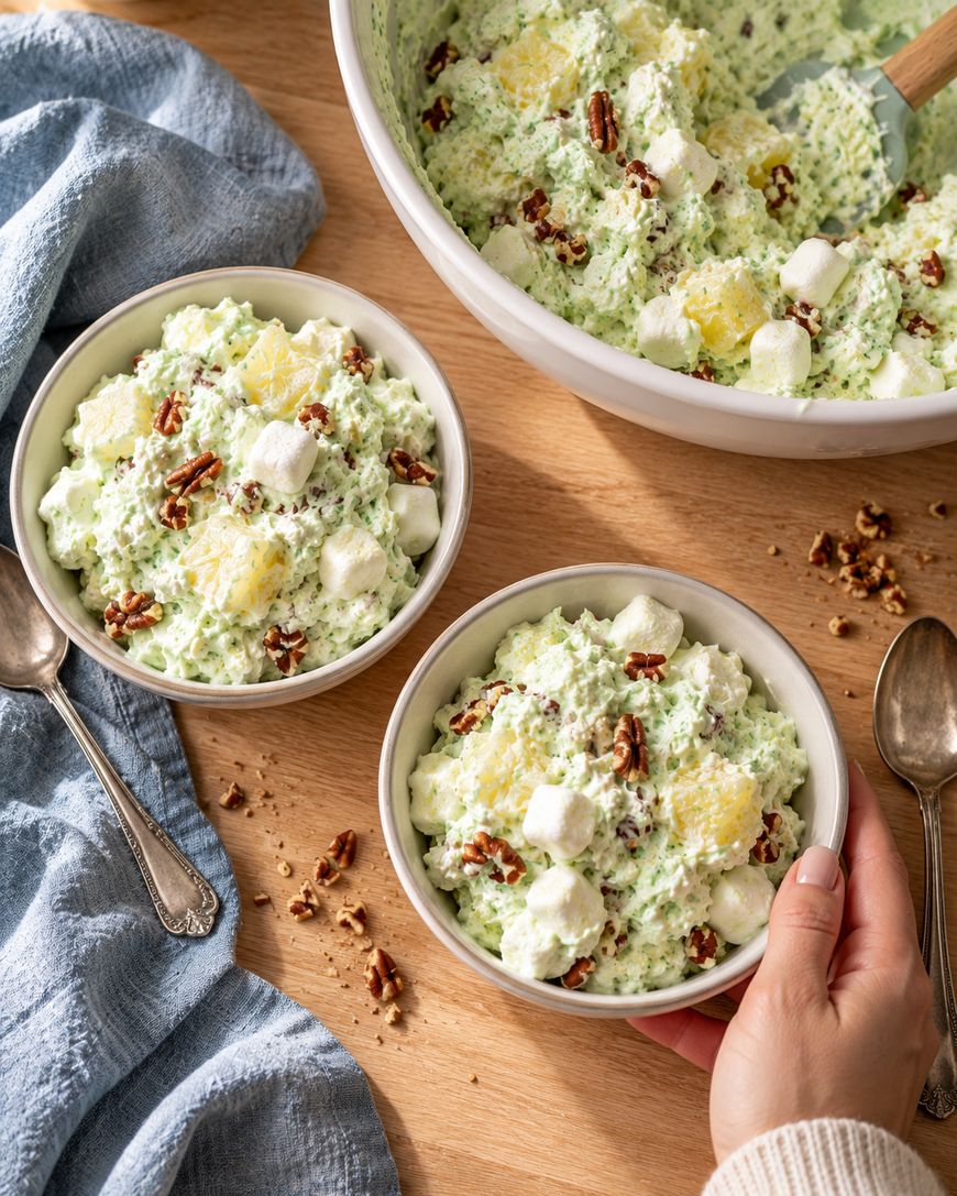 Two bowls of green fluff salad topped with pineapple chunks, marshmallows, and pecans, with a larger serving bowl in the background.