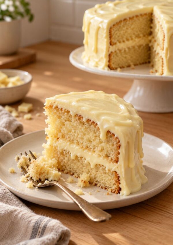 A slice of layered yellow cake with creamy icing sits on a plate with a fork, while the rest of the cake is on a stand in the background. The scene is set on a wooden table with soft natural lighting.