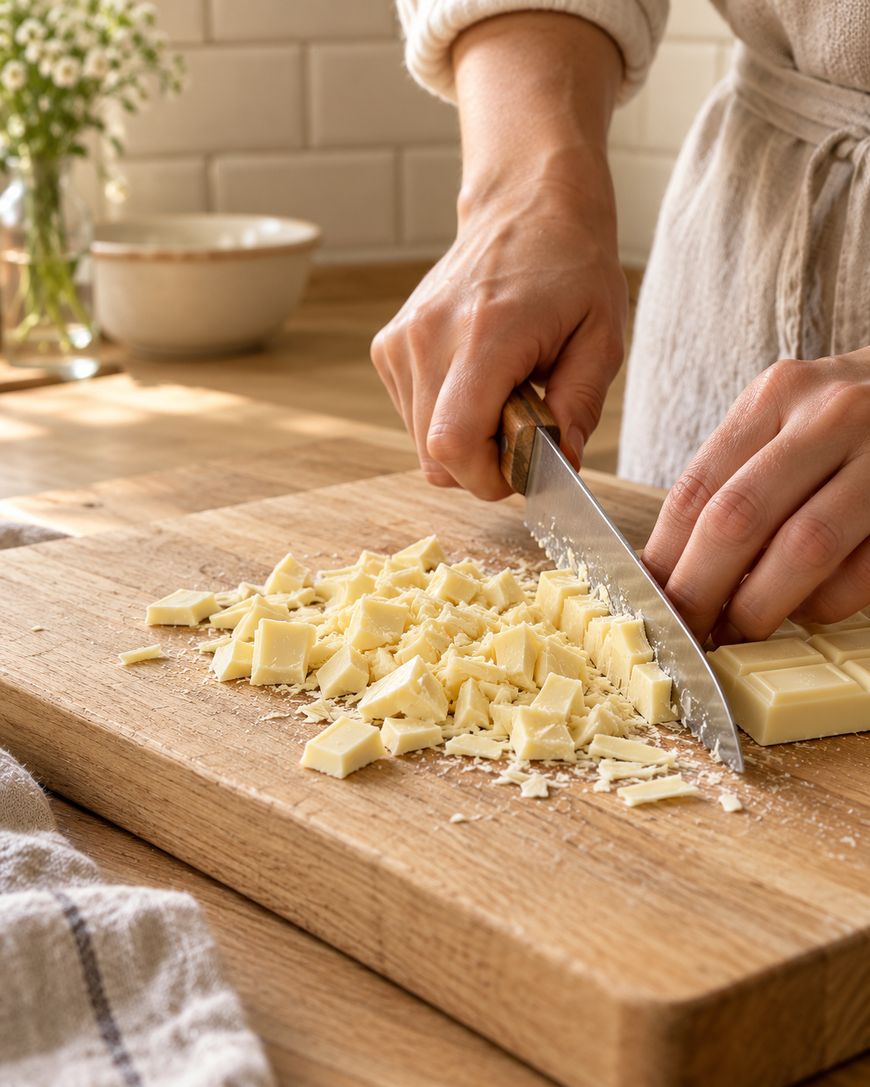 A person chops a bar of white chocolate into small pieces on a wooden cutting board in a bright kitchen.