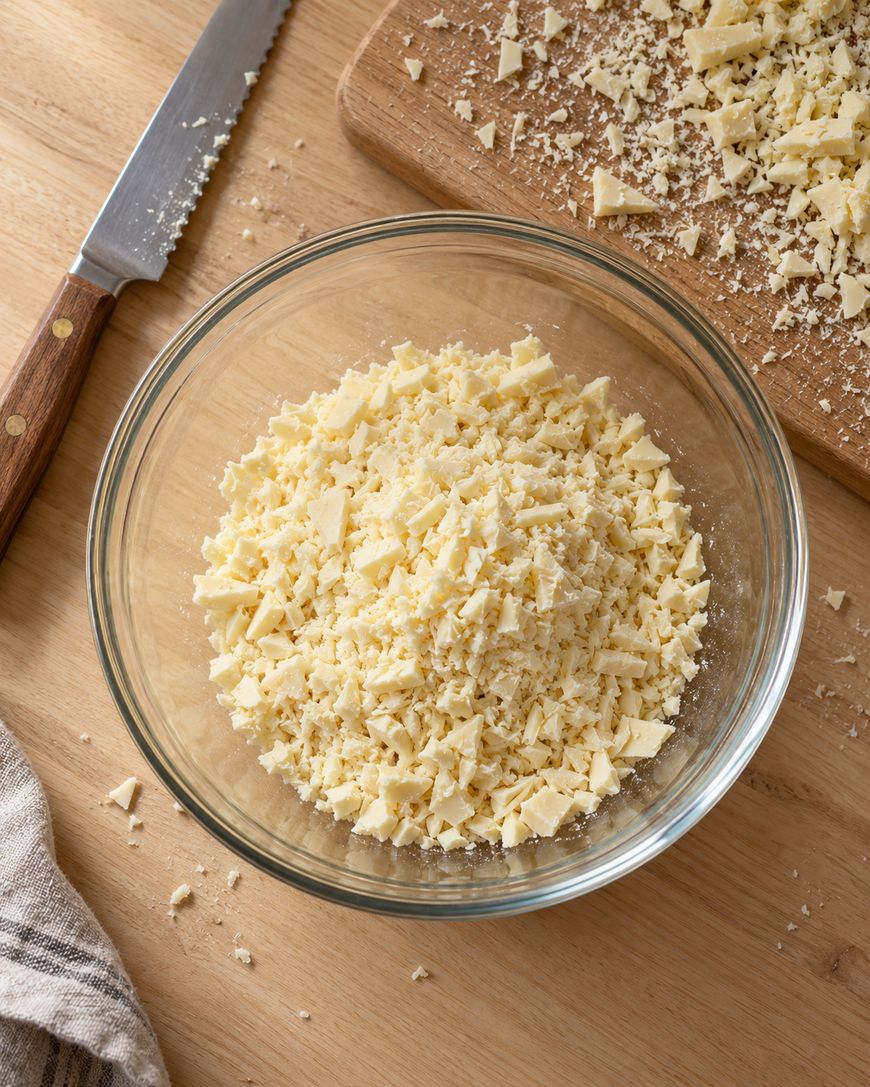 A glass bowl filled with grated white chocolate sits on a wooden surface beside a cutting board with more chocolate pieces and a serrated knife.