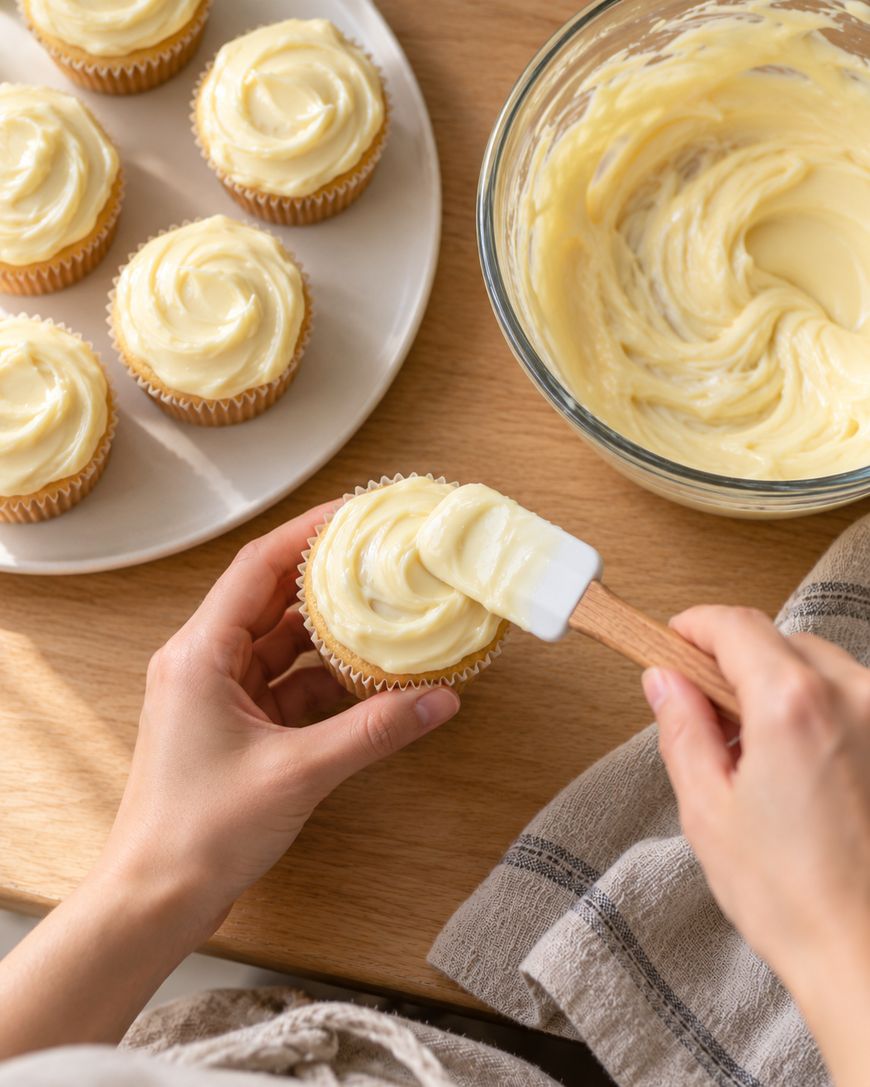 A person spreads creamy frosting on a cupcake with a spatula. Nearby, frosted cupcakes sit on a plate, and a glass bowl of icing rests on the wooden table.