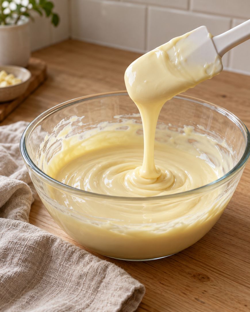 A glass bowl filled with creamy yellow cake batter on a wooden countertop. A spatula lifts some batter, letting it drip back into the bowl. A beige towel and plant are in the background.