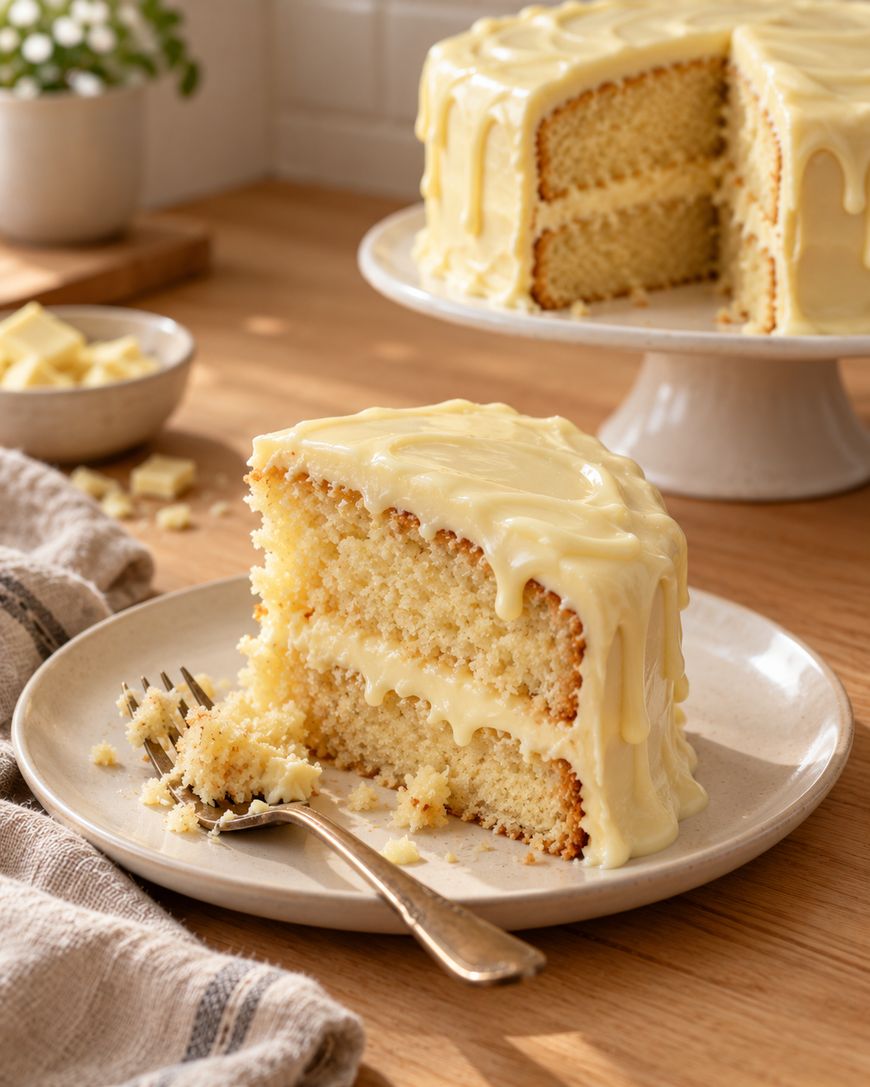 A slice of two-layer vanilla cake with creamy yellow frosting sits on a plate with a fork. The whole cake, missing one slice, is in the background on a cake stand. The scene is set on a wooden table.