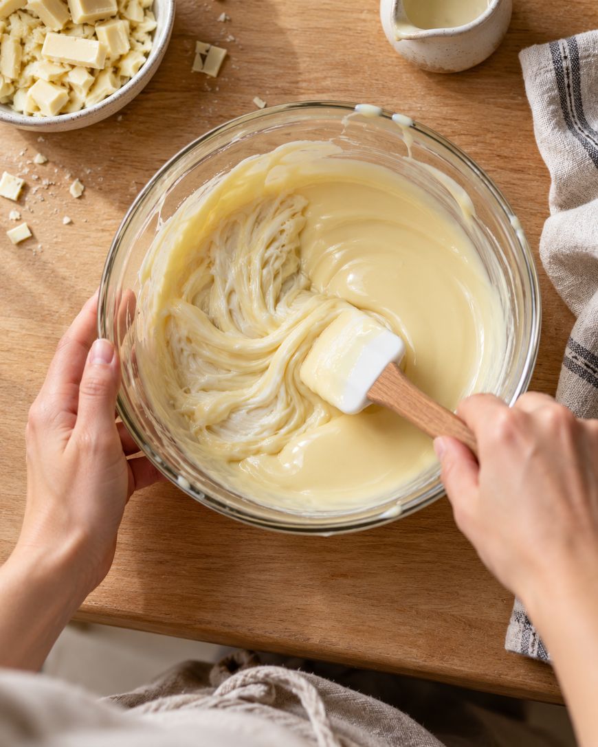 A person stirs creamy white chocolate mixture in a glass bowl with a spatula on a wooden table. Chopped white chocolate and a striped towel are nearby.