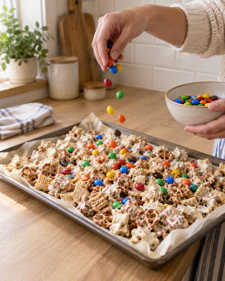 A person sprinkles colorful candy-coated chocolates over a tray of snack mix with pretzels and cereal on parchment paper in a bright kitchen.