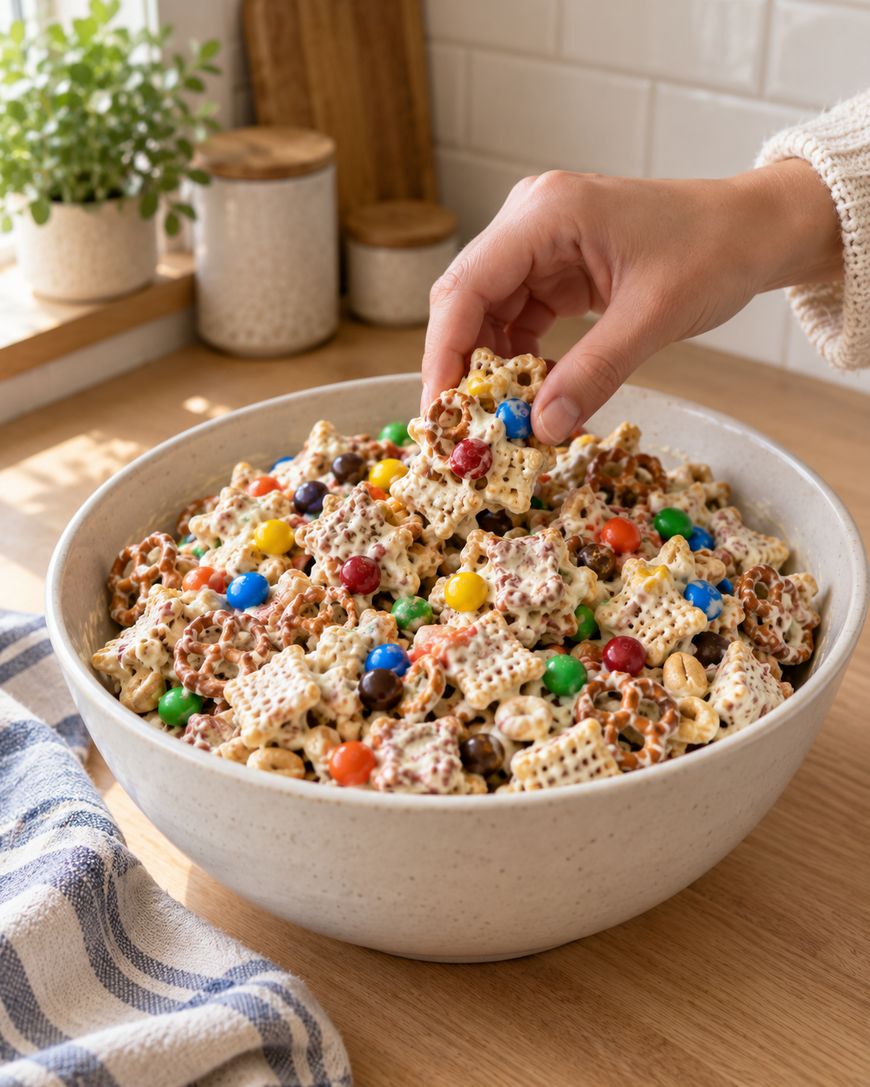 A hand reaches into a large bowl filled with snack mix made of cereal squares, pretzels, chocolate candies, and coated pieces, on a wooden kitchen counter.