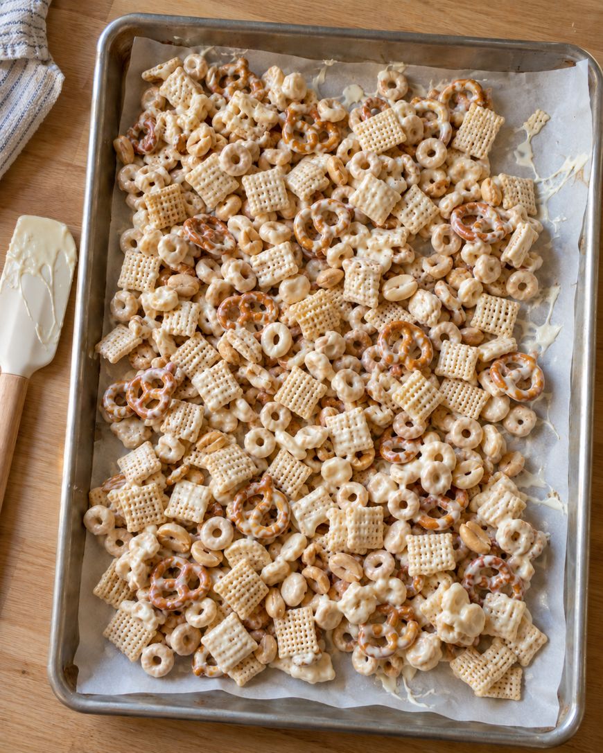 A baking sheet lined with parchment paper holds a mixture of cereals, pretzels, and peanuts, all coated in a white marshmallow mixture. A spatula with marshmallow residue rests beside the tray.