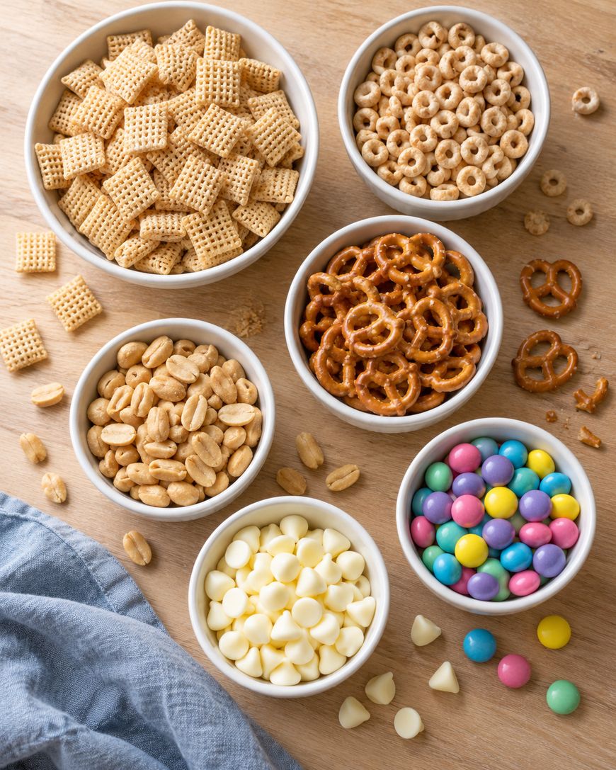 Six small bowls on a wooden surface contain Chex cereal, Cheerios, pretzels, peanuts, white chocolate chips, and colorful candy-coated chocolates. Some pieces are scattered around the bowls. A blue cloth is in the corner.